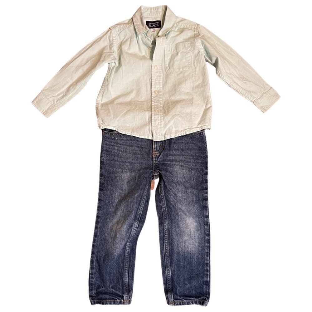 Carter’s Button Down Shirt pastel Green and OshKosh B’gosh Jeans Size 3T
